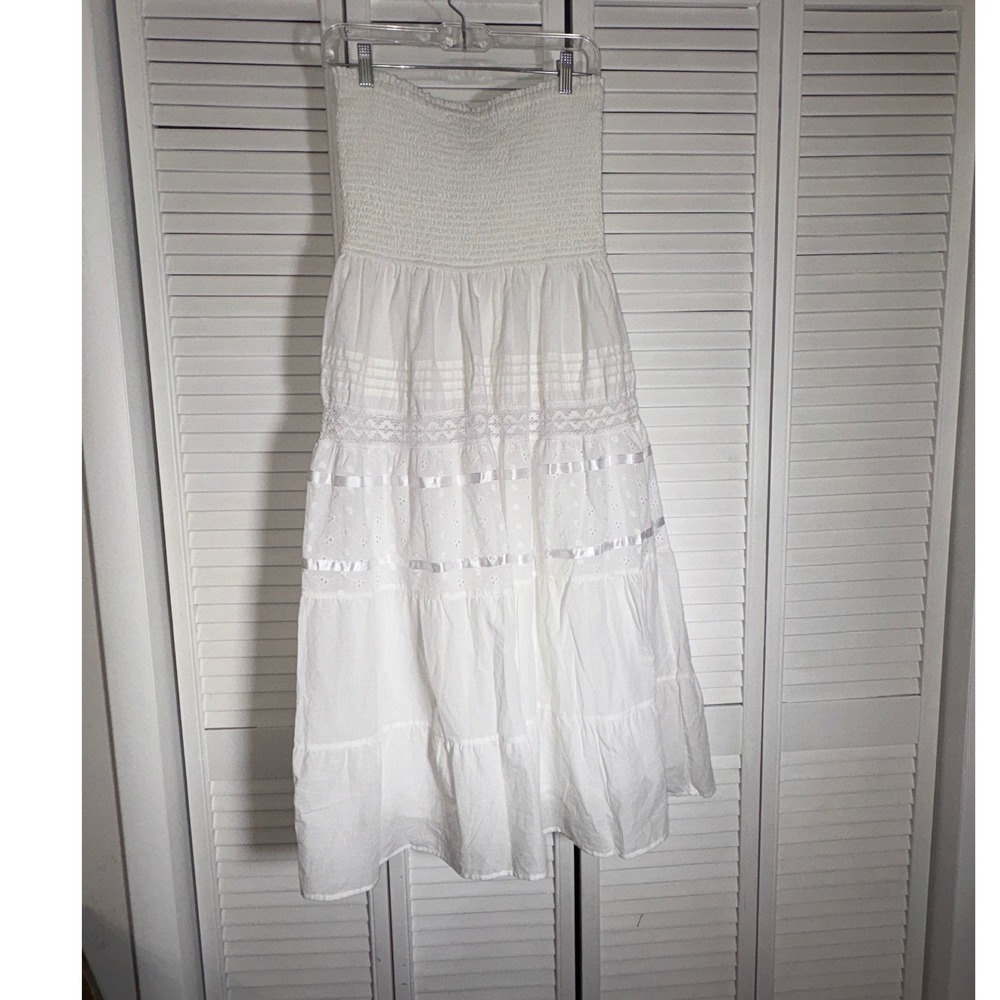 Speed Limit MPH White Cotton Smocked Tiered Eyelet Lace Strapless Midi Dress XL